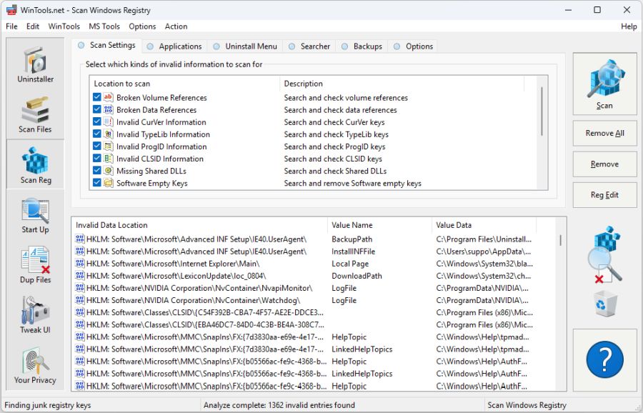 WinTools.net Scan Registry Result