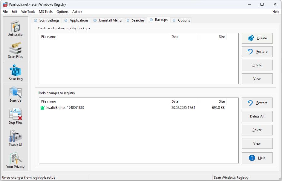 WinTools.net Scan Registry Undo